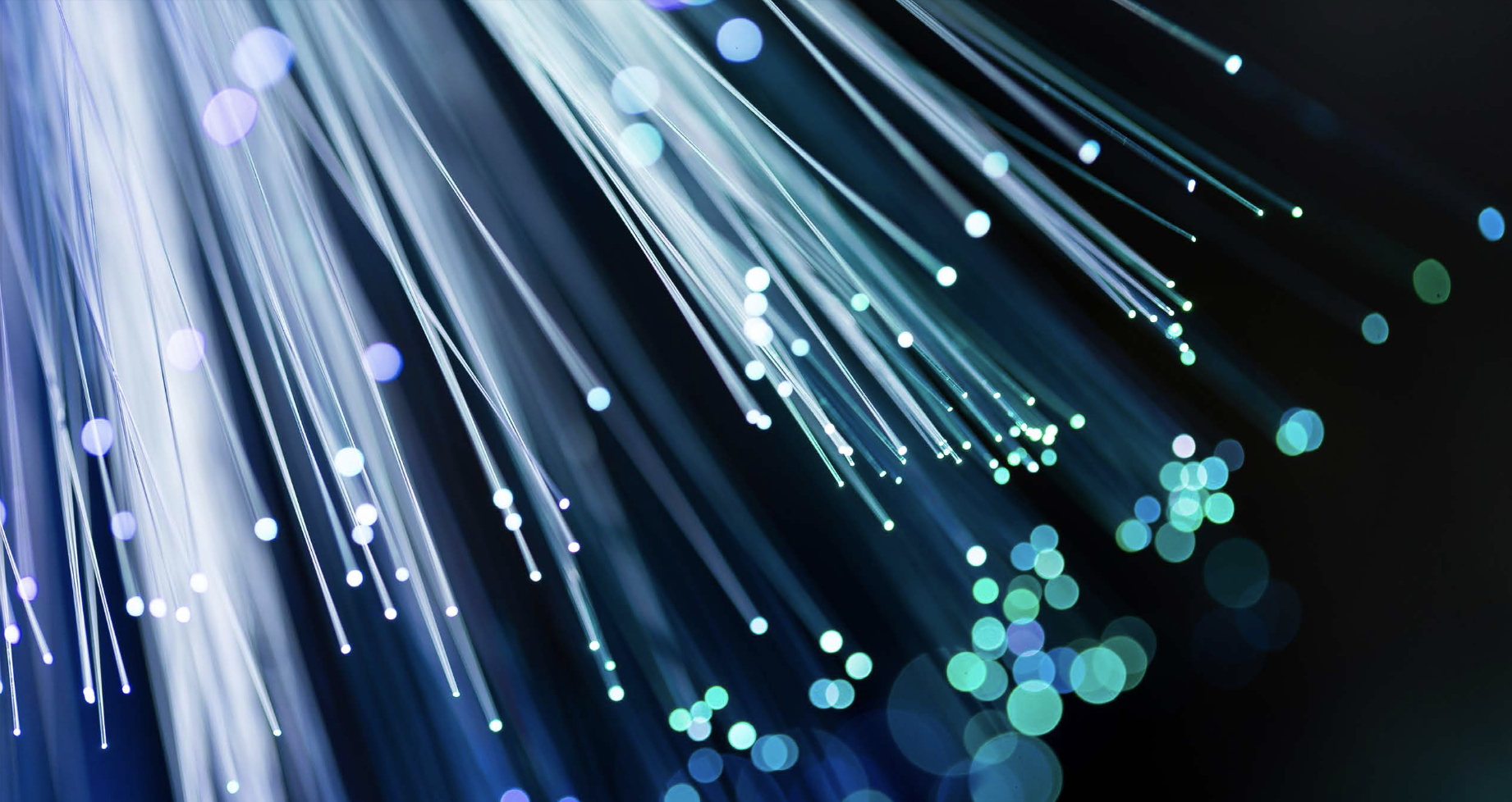 Illuminated fiber optic strands against a dark background