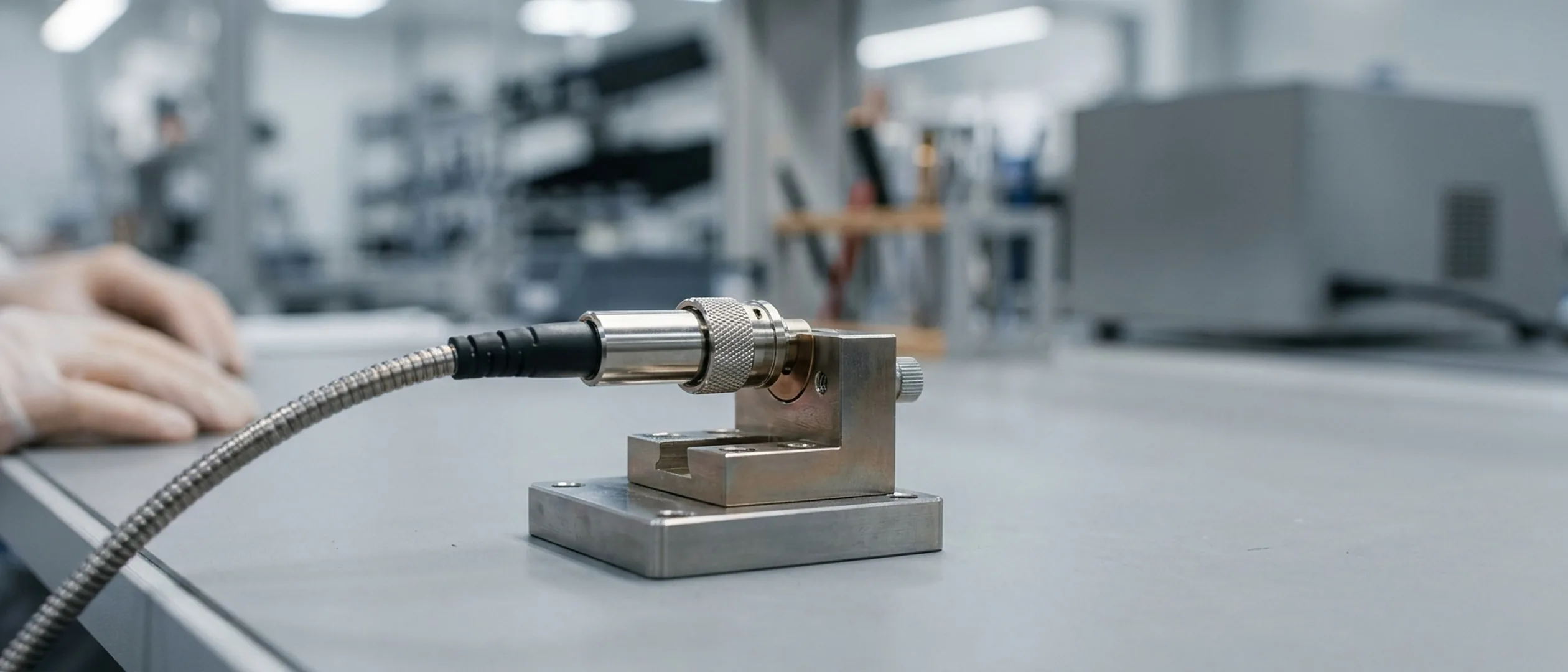 QBH fiber optic connector assembly in a production fixture